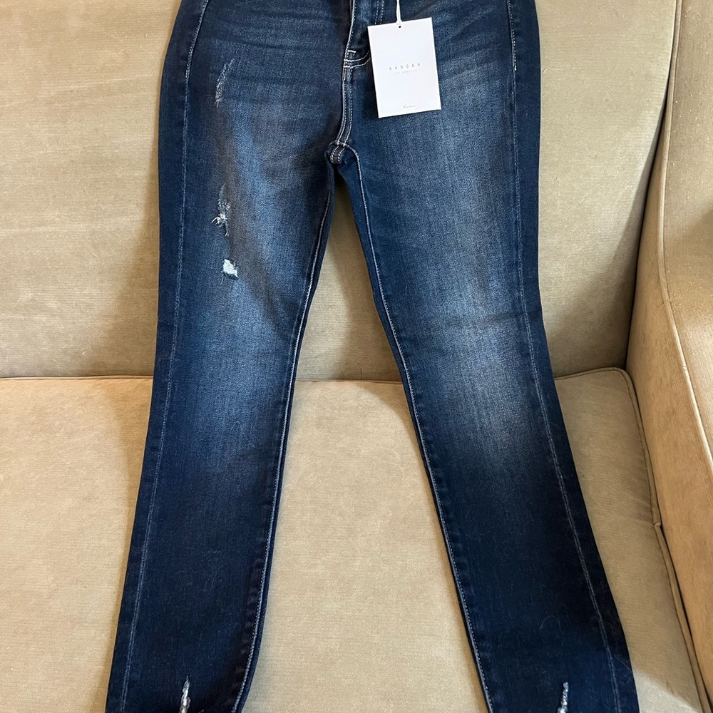 KanCan High Rise Blue Jeans with Distressed Details